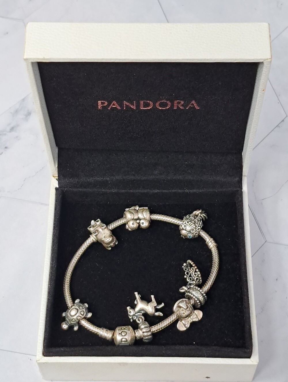 Classic Sterling Silver Pandora Snake Chain Charm Bracelet - 7 Sterling Charms